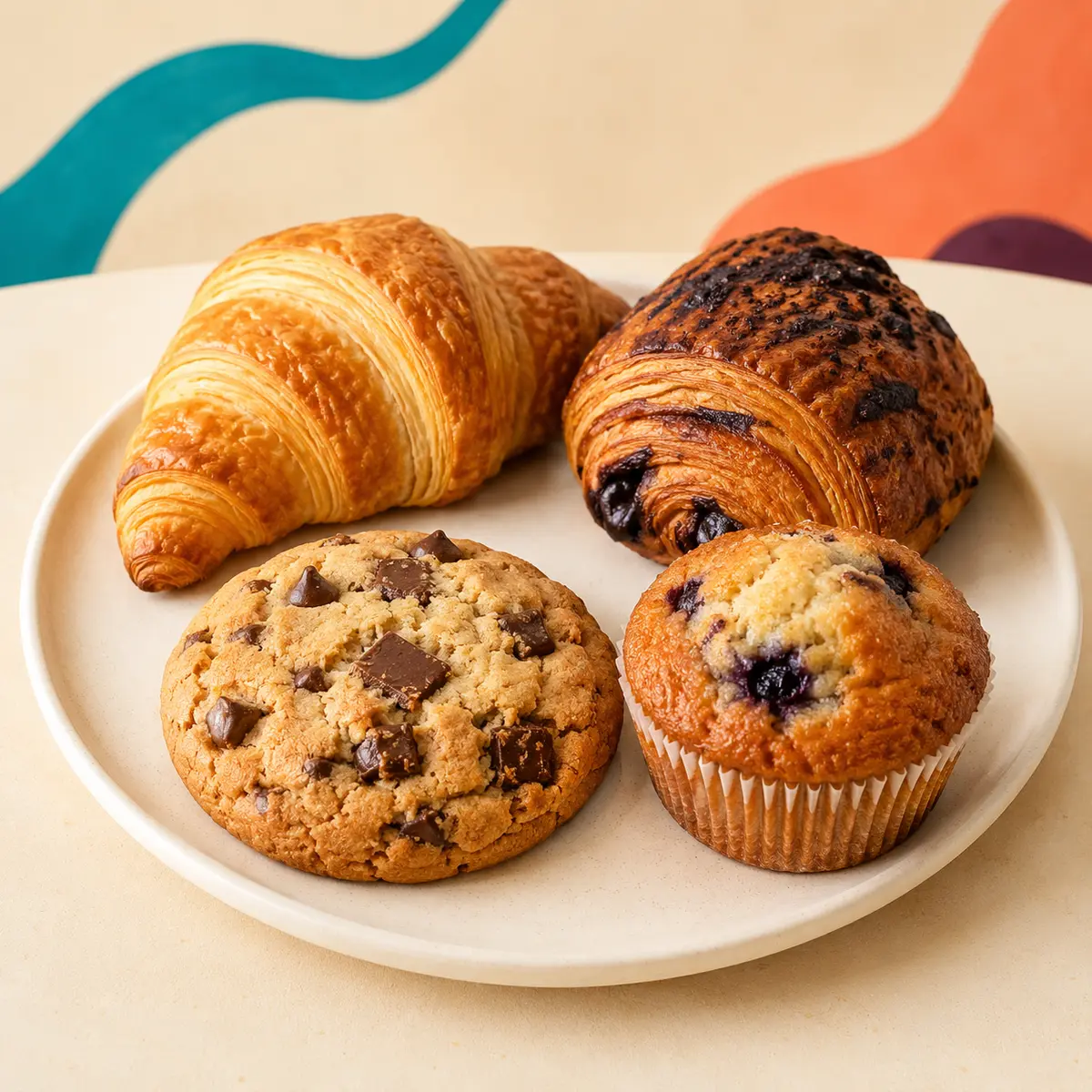 Croissants, a cookie, and a muffin