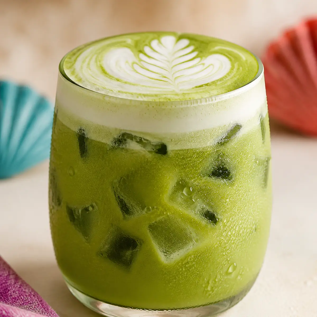 A bright green matcha latte