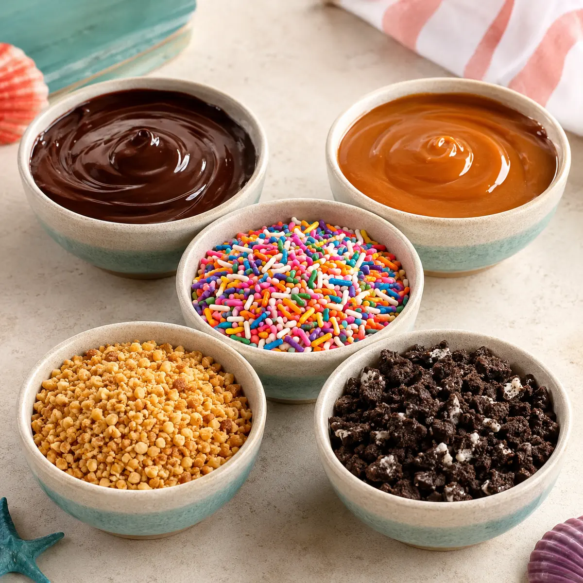 Chocolate sauce, caramel, sprinkles, crushed nuts, and cookie crumbs
